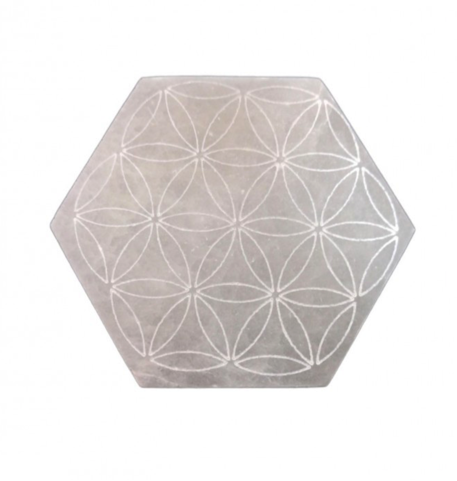 Placa Hexagonal Selenita Flor de la Vida Grabado 10 cm