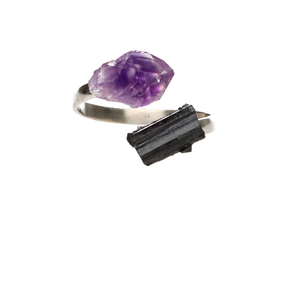 Anillo de Turmalina y Amatista en Bruto de Plata