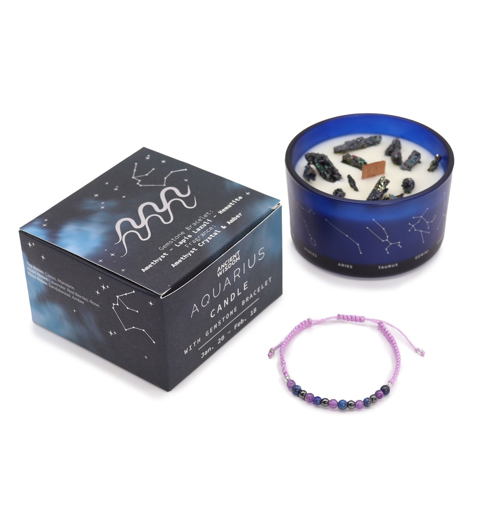 Vela de Cristal del Zodíaco con Pulsera de Piedras Preciosas - Acuario