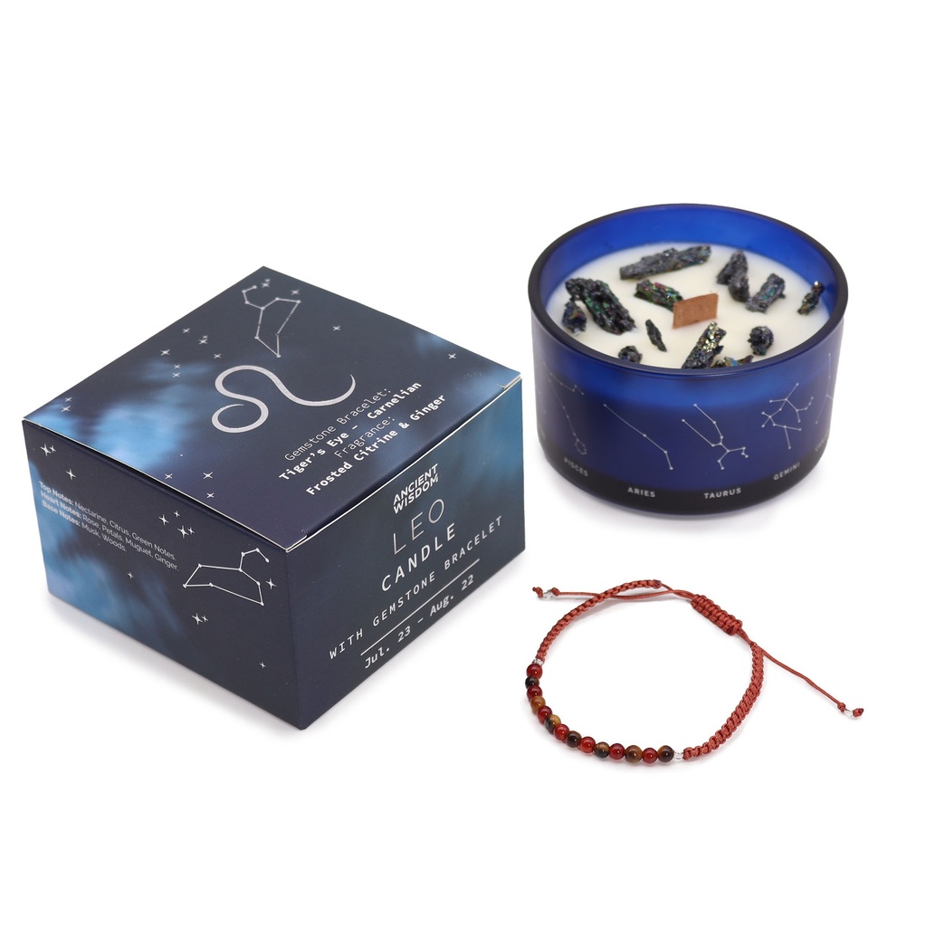 Vela de Cristal del Zodíaco con Pulsera de Piedras Preciosas - Leo