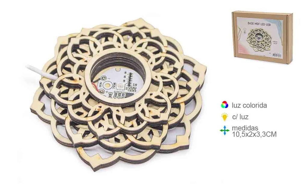 Base de Luz LED de Madera Flor de Loto Calada con USB