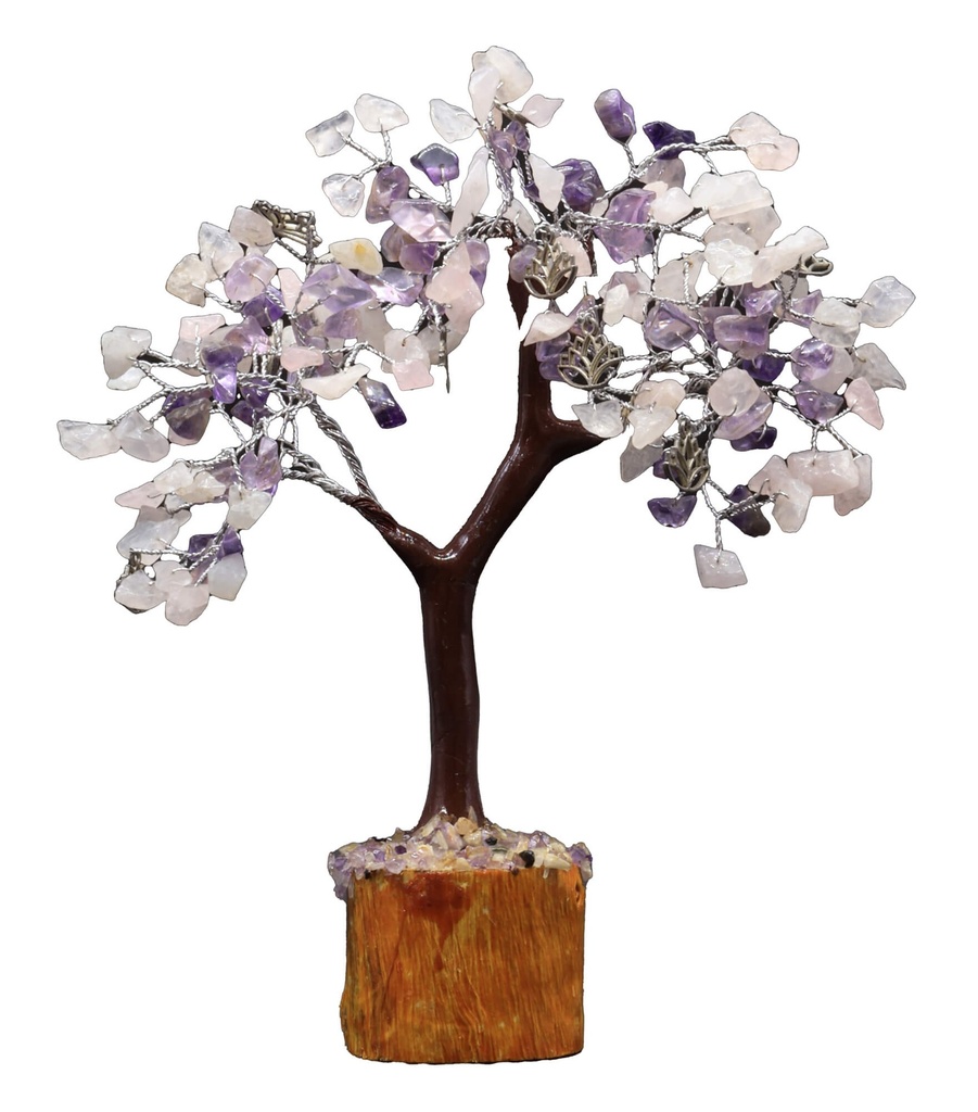 Árbol de la Felicidad con Amatista + Cuarzo Rosa y Loto. 160 piezas