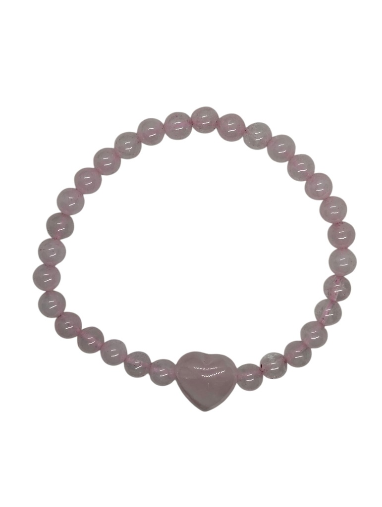 Pulsera de Cuarzo Rosa 6mm con Corazón
